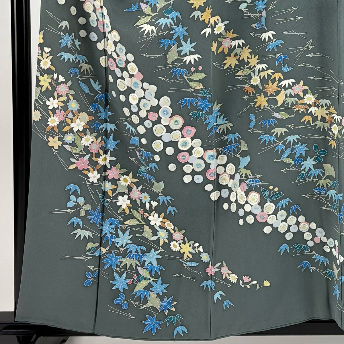【庫存清倉】訪問服 身長158.5cm 袖長62.5cm S 雙層 落款有 梅花 草花紋紋 灰綠 純蠶絲 名品級 一つ紋