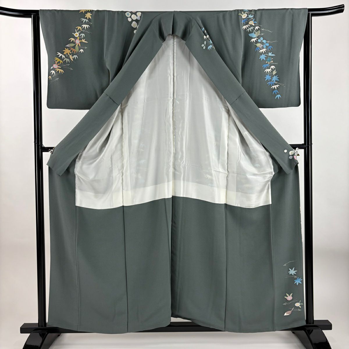 【庫存清倉】訪問服 身長158.5cm 袖長62.5cm S 雙層 落款有 梅花 草花紋紋 灰綠 純蠶絲 名品級 一つ紋