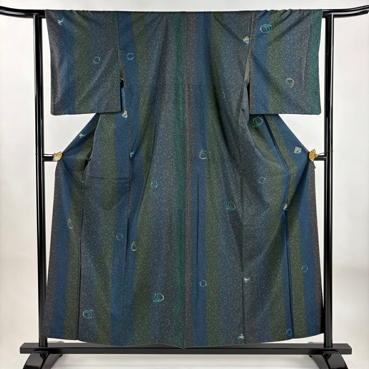 【庫存清倉】 【美品】 小紋 身長158cm 袖長61.5cm S 雙層 兔子 雪輪 青綠 純蠶絲 名品級