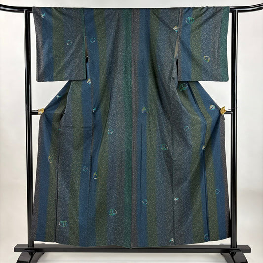 【庫存清倉】 【美品】 小紋 身長158cm 袖長61.5cm S 雙層 兔子 雪輪 青綠 純蠶絲 名品級