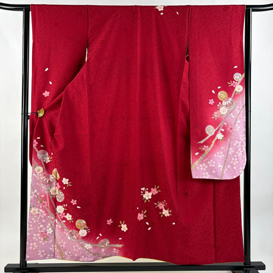 【庫存清倉】 【美品】 振袖禮服 身長154.5cm 袖長63cm S 雙層 手鞠 櫻花 拉麵 金銀彩 紅 純蠶絲 名品級