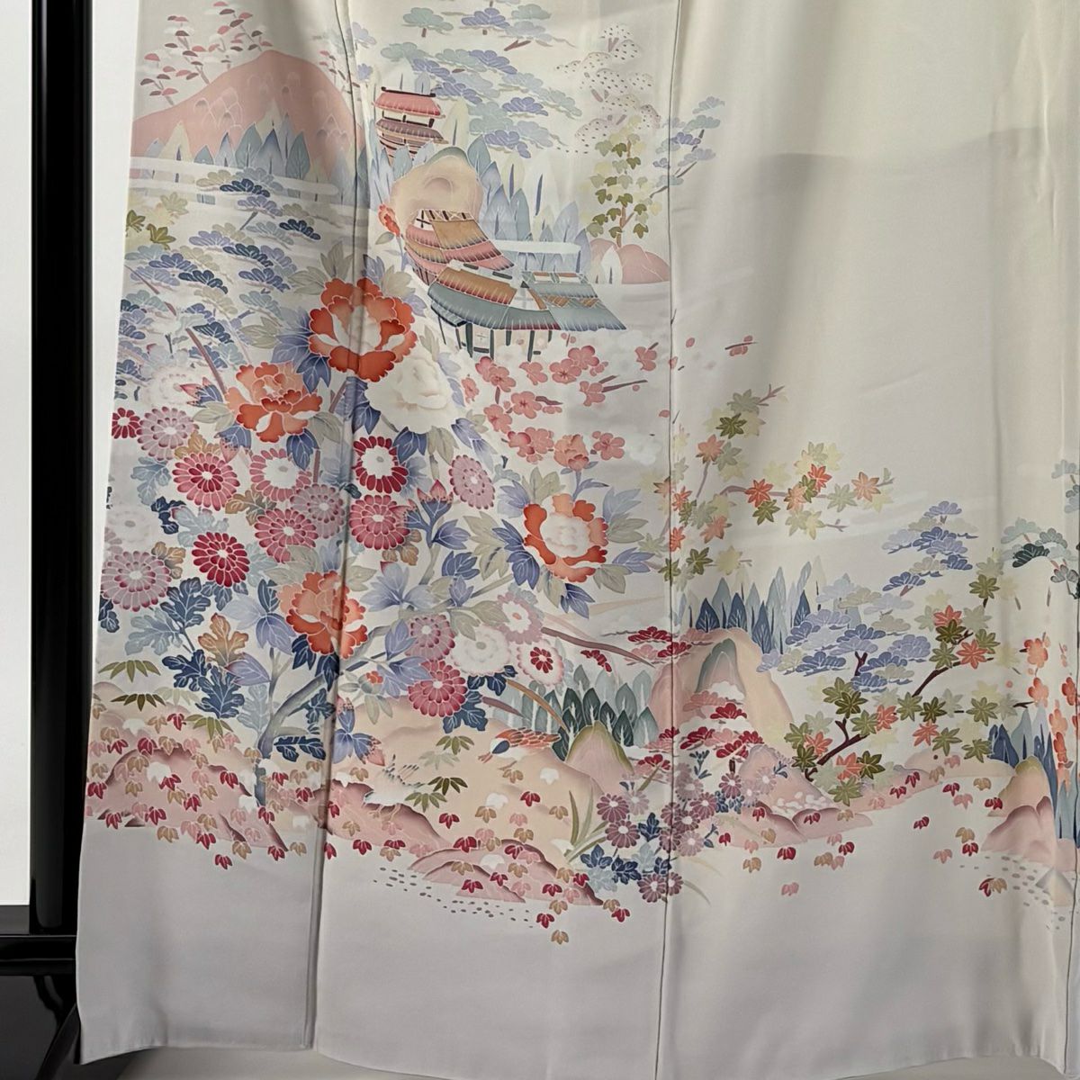 訪問服 身長166cm 袖長66cm M 雙層 落款あり 家屋 松樹竹子梅花 漸變 米色 純蠶絲 名品級