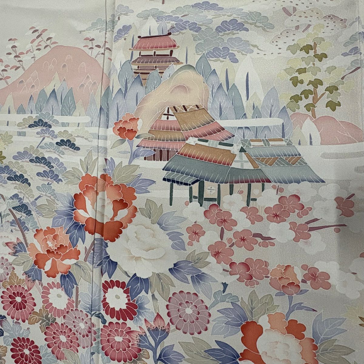 訪問服 身長166cm 袖長66cm M 雙層 落款あり 家屋 松樹竹子梅花 漸變 米色 純蠶絲 名品級