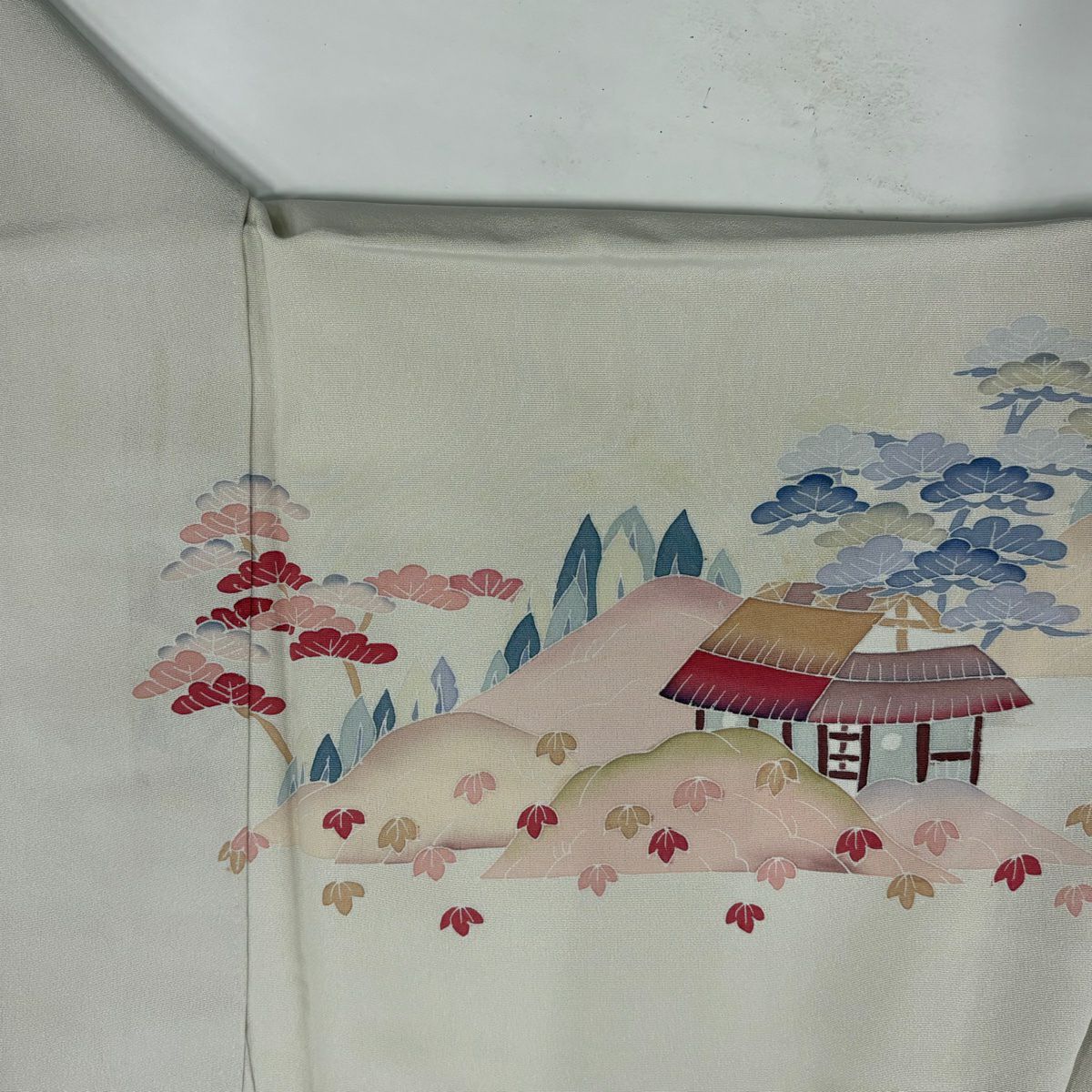 訪問服 身長166cm 袖長66cm M 雙層 落款あり 家屋 松樹竹子梅花 漸變 米色 純蠶絲 名品級