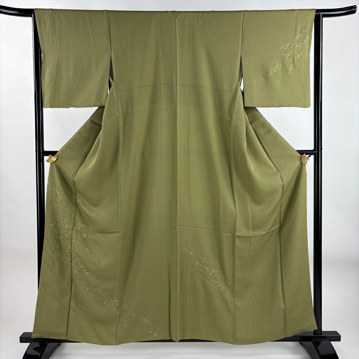 【庫存清倉】 【美品】 付下 身長160cm 袖長62.5cm S 雙層 梅花花 源氏香 金絲 刺繡 艾草綠 純蠶絲 名品級