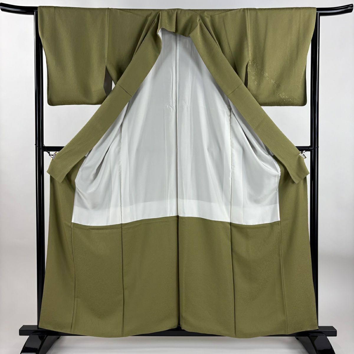 【庫存清倉】 【美品】 付下 身長160cm 袖長62.5cm S 雙層 梅花花 源氏香 金絲 刺繡 艾草綠 純蠶絲 名品級