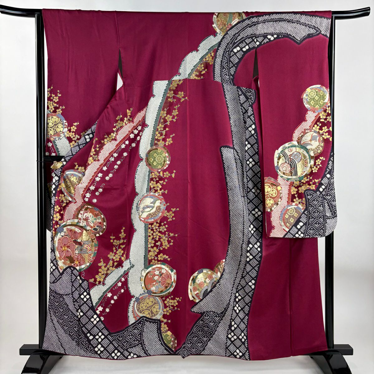【庫存清倉】振袖禮服 身長159.5cm 袖長64cm M 雙層 梅花 雪輪 金銀彩 絞染 紅紫 純蠶絲 名品級