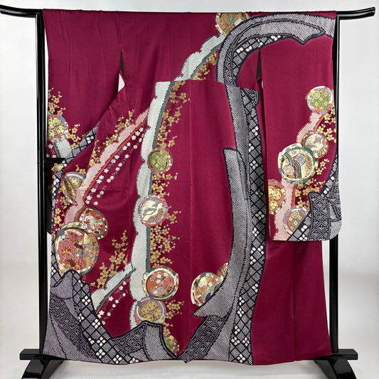 【庫存清倉】振袖禮服 身長159.5cm 袖長64cm M 雙層 梅花 雪輪 金銀彩 絞染 紅紫 純蠶絲 名品級