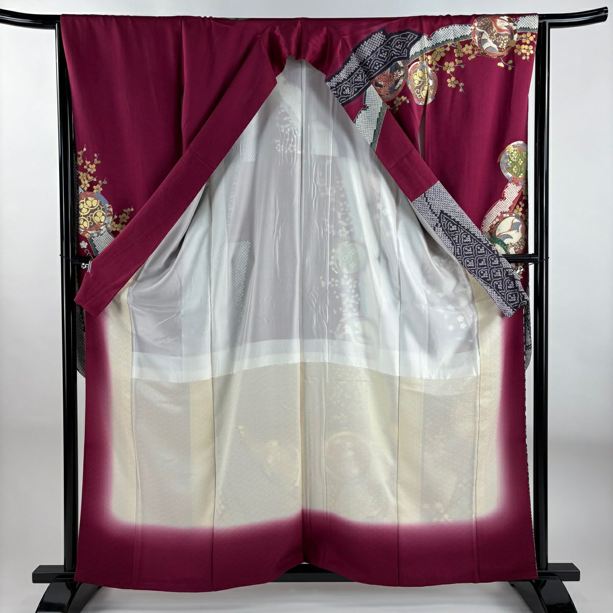 【庫存清倉】振袖禮服 身長159.5cm 袖長64cm M 雙層 梅花 雪輪 金銀彩 絞染 紅紫 純蠶絲 名品級