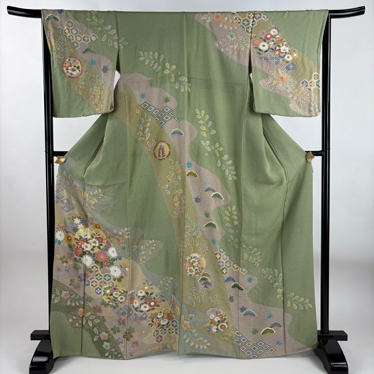 【庫存清倉】訪問服 身長166cm 袖長64cm M 雙層 橘花 椿 金糸 刺繡 淺綠 純蠶絲 名品級