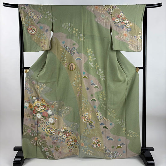 【庫存清倉】訪問服 身長166cm 袖長64cm M 雙層 橘花 椿 金糸 刺繡 淺綠 純蠶絲 名品級