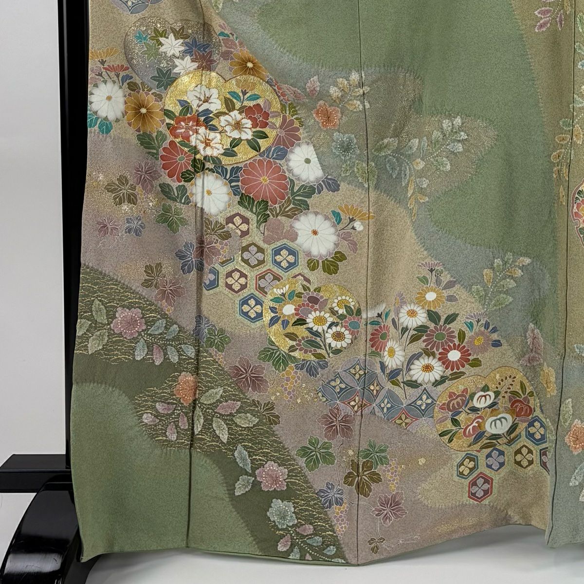 【庫存清倉】訪問服 身長166cm 袖長64cm M 雙層 橘花 椿 金糸 刺繡 淺綠 純蠶絲 名品級