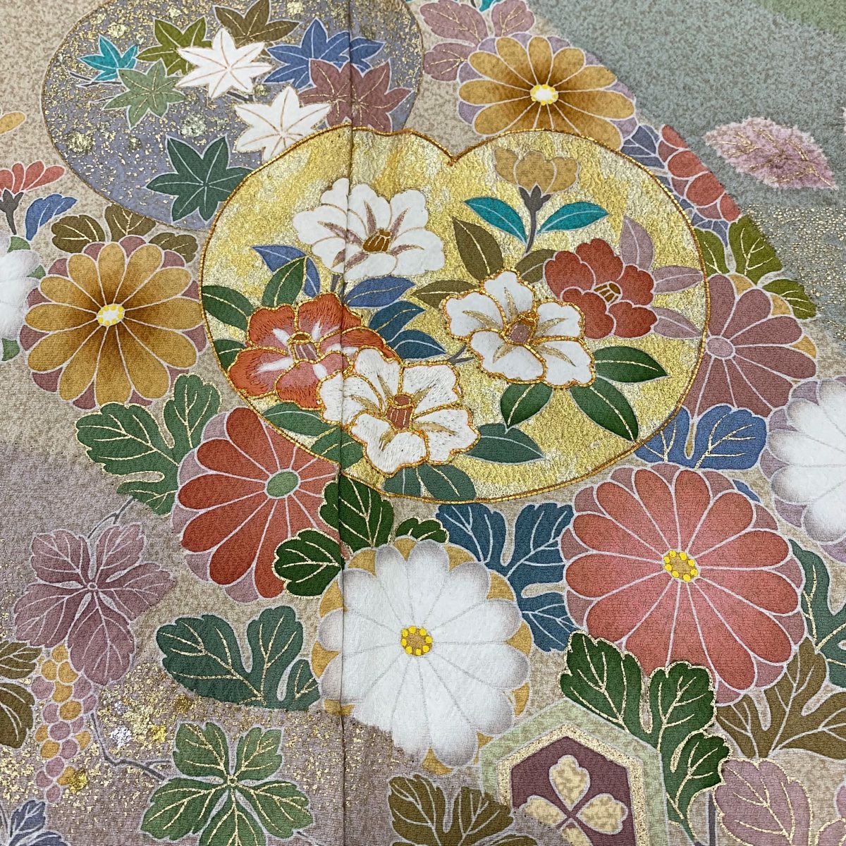 【庫存清倉】訪問服 身長166cm 袖長64cm M 雙層 橘花 椿 金糸 刺繡 淺綠 純蠶絲 名品級
