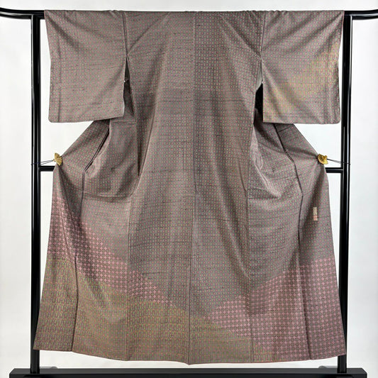 【清倉特賣】 【美品】 付下 身長152.5cm 袖長63cm S 雙層 川村久太郎 紬織織 落款 花 幾何學 小豆 純蠶絲 名品級