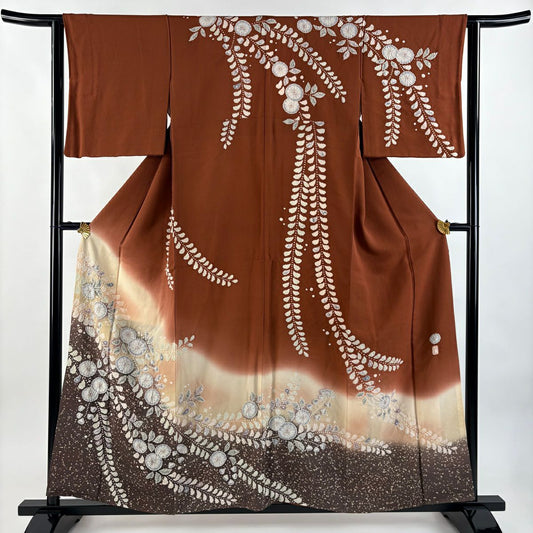 【庫存清倉】訪問服 身長158.5cm 袖長62cm S 雙層 落款有 辻花染 染分 ぼかし 紅茶 純蠶絲 名品級
