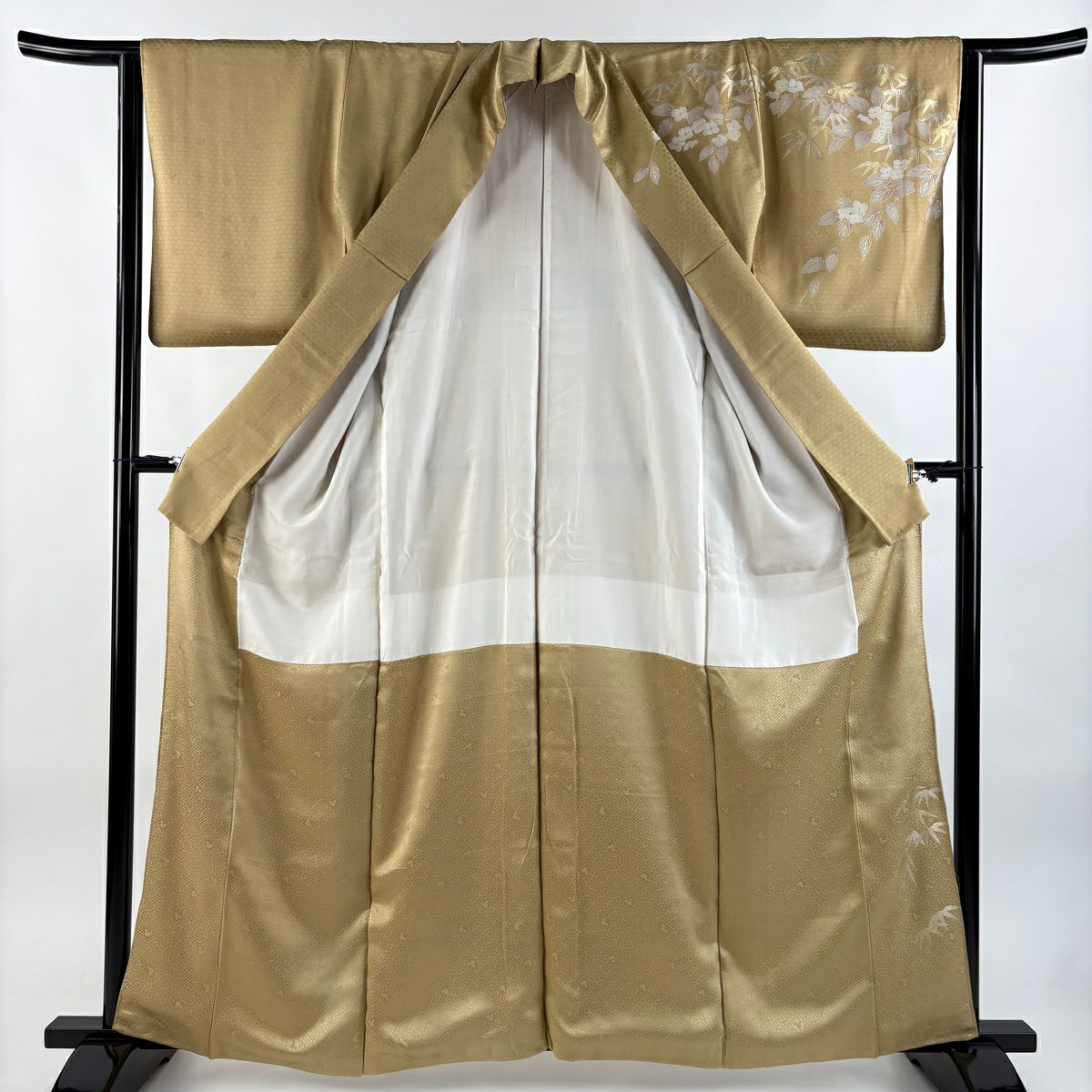 【庫存清倉】訪問服 身長161cm 袖長62cm S 雙層 菊花花 笹 金絲 金銀彩 米色 純蠶絲 名品級