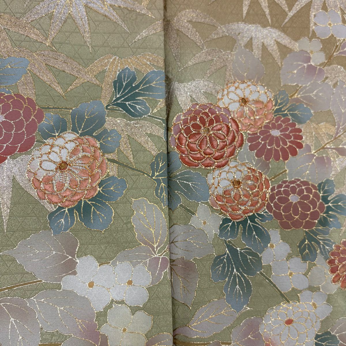 【庫存清倉】訪問服 身長161cm 袖長62cm S 雙層 菊花花 笹 金絲 金銀彩 米色 純蠶絲 名品級