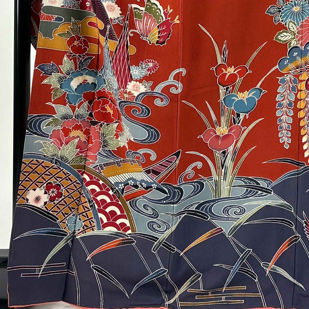【庫存清倉】振袖禮服 身長167cm 袖長67cm M 雙層 牡丹 蝴蝶 絞染 紅 純蠶絲 名品級