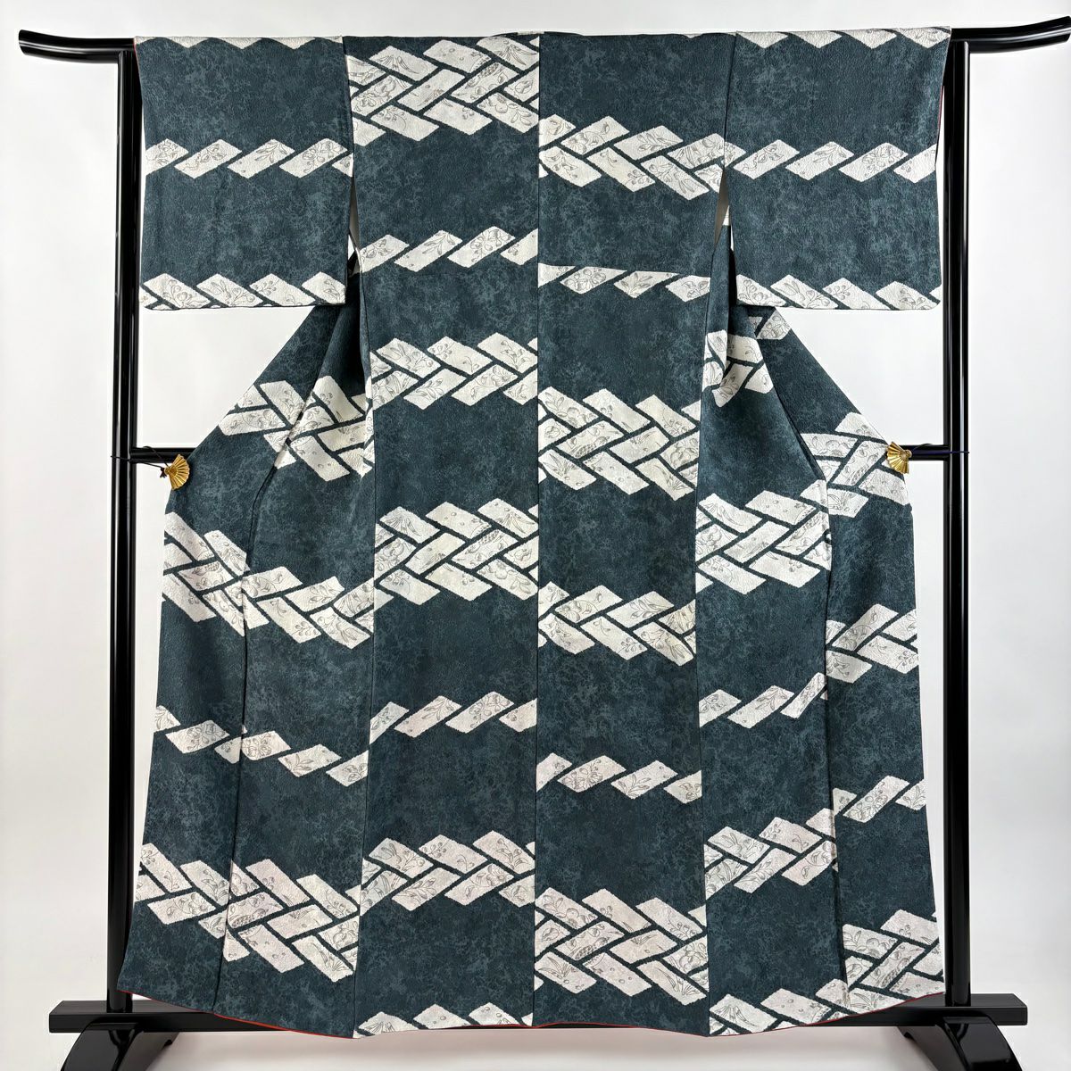 【庫存清倉】 【美品】 小紋 身長158cm 袖長62.5cm S 雙層 兔子 桧垣 絞紋 深綠 純蠶絲 名品級