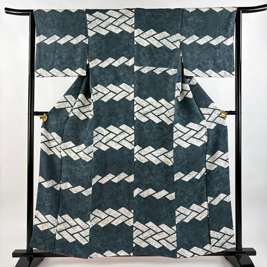 【庫存清倉】 【美品】 小紋 身長158cm 袖長62.5cm S 雙層 兔子 桧垣 絞紋 深綠 純蠶絲 名品級