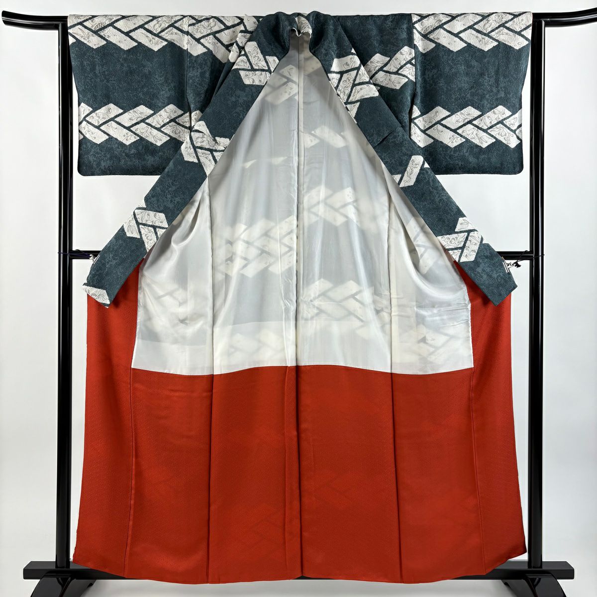 【庫存清倉】 【美品】 小紋 身長158cm 袖長62.5cm S 雙層 兔子 桧垣 絞紋 深綠 純蠶絲 名品級