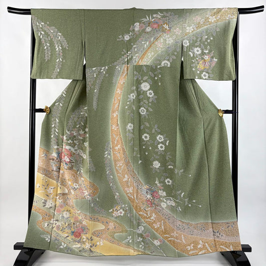 【庫存清倉】訪問服 身長159cm 袖長66cm M 雙層 文箱 草花紋紋 金彩裝飾 漸層 抹茶 純蠶絲 名品級