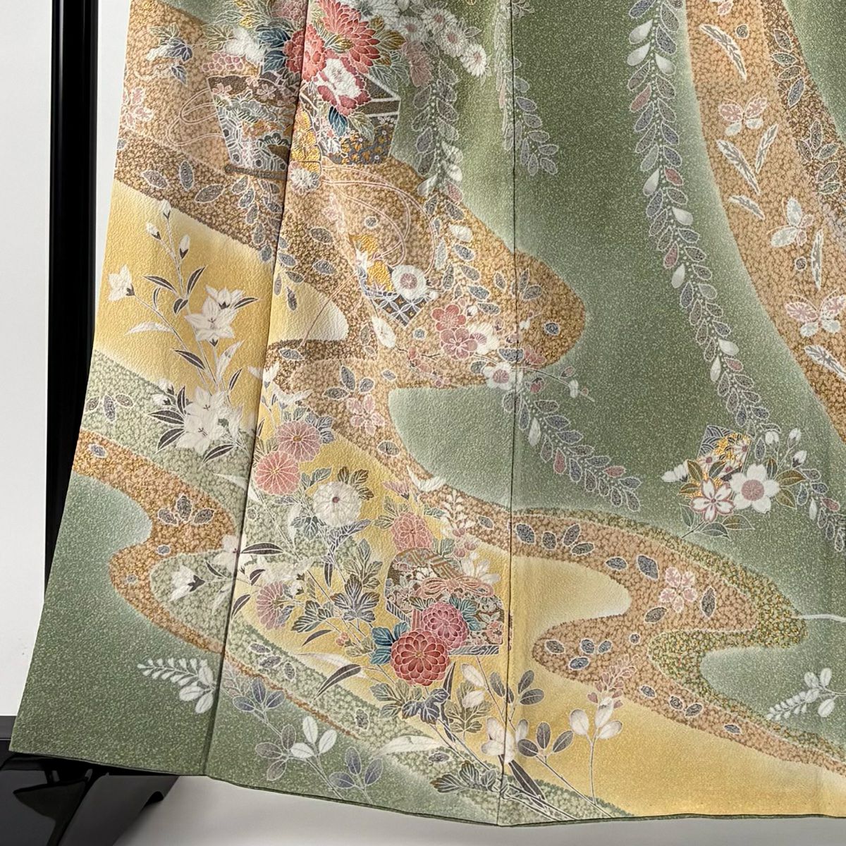 【庫存清倉】訪問服 身長159cm 袖長66cm M 雙層 文箱 草花紋紋 金彩裝飾 漸層 抹茶 純蠶絲 名品級