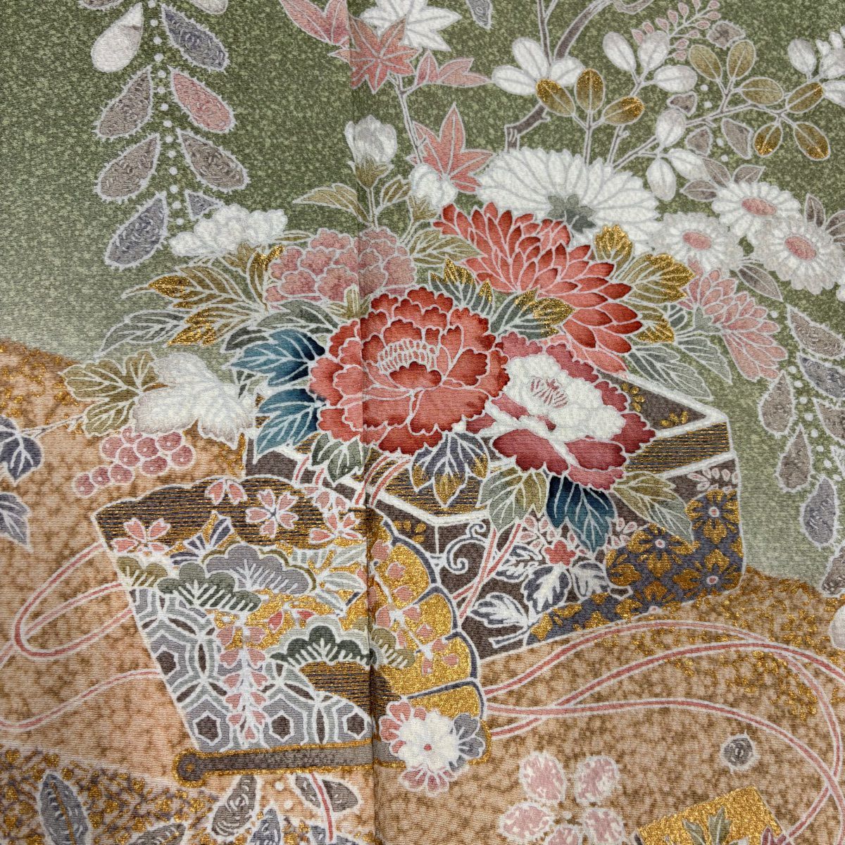 【庫存清倉】訪問服 身長159cm 袖長66cm M 雙層 文箱 草花紋紋 金彩裝飾 漸層 抹茶 純蠶絲 名品級