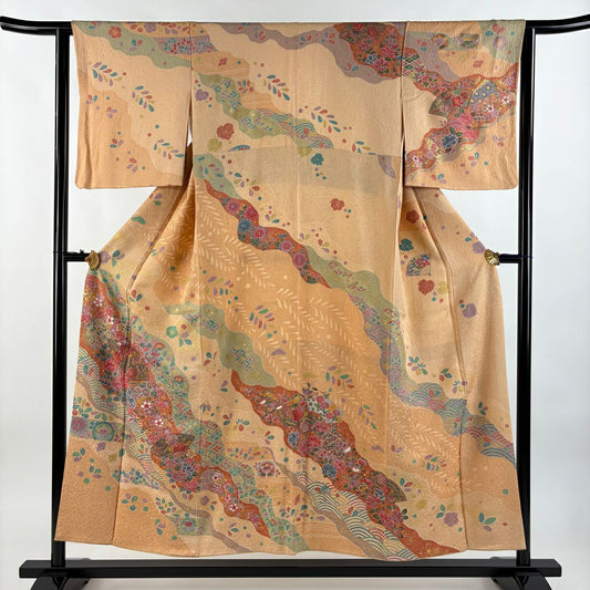 【庫存清倉】 【美品】 訪問服 身長151cm 袖長63cm S 雙層 扇子面 草花紋紋 金銀彩 淡橙色 純蠶絲 名品級
