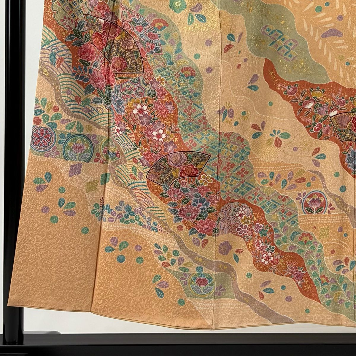 【庫存清倉】 【美品】 訪問服 身長151cm 袖長63cm S 雙層 扇子面 草花紋紋 金銀彩 淡橙色 純蠶絲 名品級