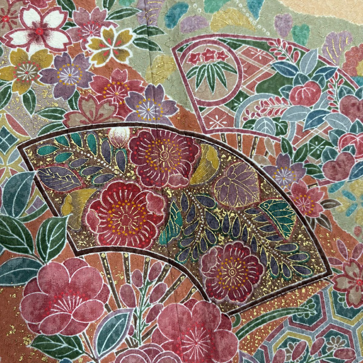 【庫存清倉】 【美品】 訪問服 身長151cm 袖長63cm S 雙層 扇子面 草花紋紋 金銀彩 淡橙色 純蠶絲 名品級
