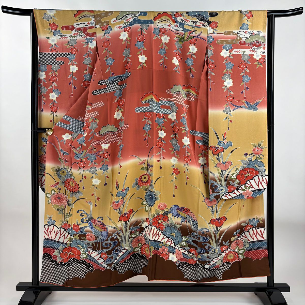 【庫存清倉】振袖禮服 身長155.5cm 袖長64.5cm M 雙層 仙鶴 菊花 染分 逐漸色漸變 鮭粉色 純蠶絲 名品級