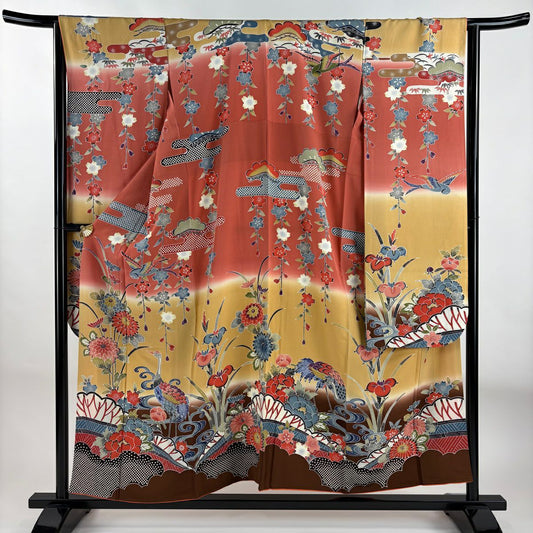 【庫存清倉】振袖禮服 身長155.5cm 袖長64.5cm M 雙層 仙鶴 菊花 染分 逐漸色漸變 鮭粉色 純蠶絲 名品級