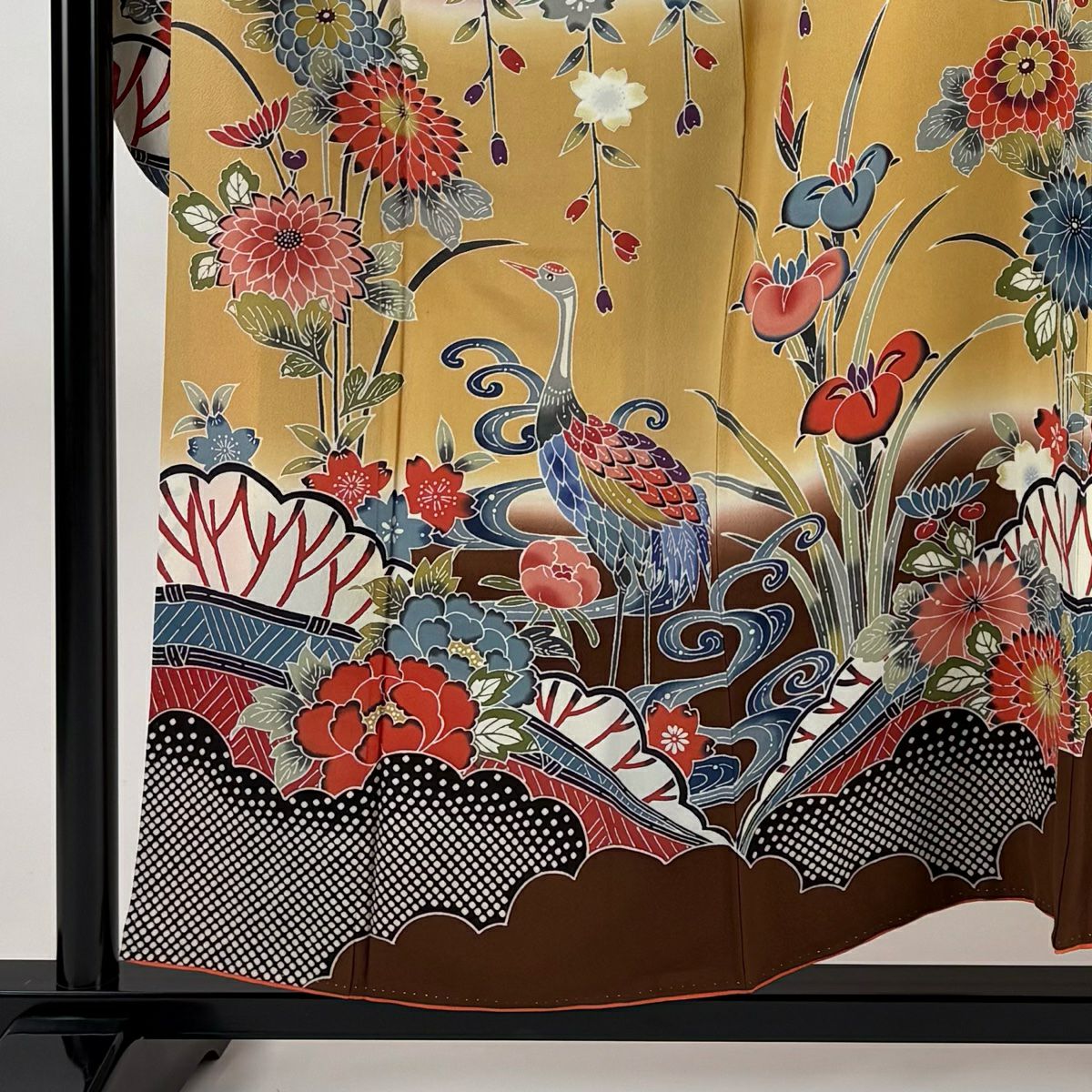 【庫存清倉】振袖禮服 身長155.5cm 袖長64.5cm M 雙層 仙鶴 菊花 染分 逐漸色漸變 鮭粉色 純蠶絲 名品級