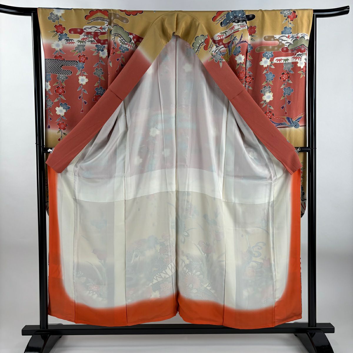 【庫存清倉】振袖禮服 身長155.5cm 袖長64.5cm M 雙層 仙鶴 菊花 染分 逐漸色漸變 鮭粉色 純蠶絲 名品級