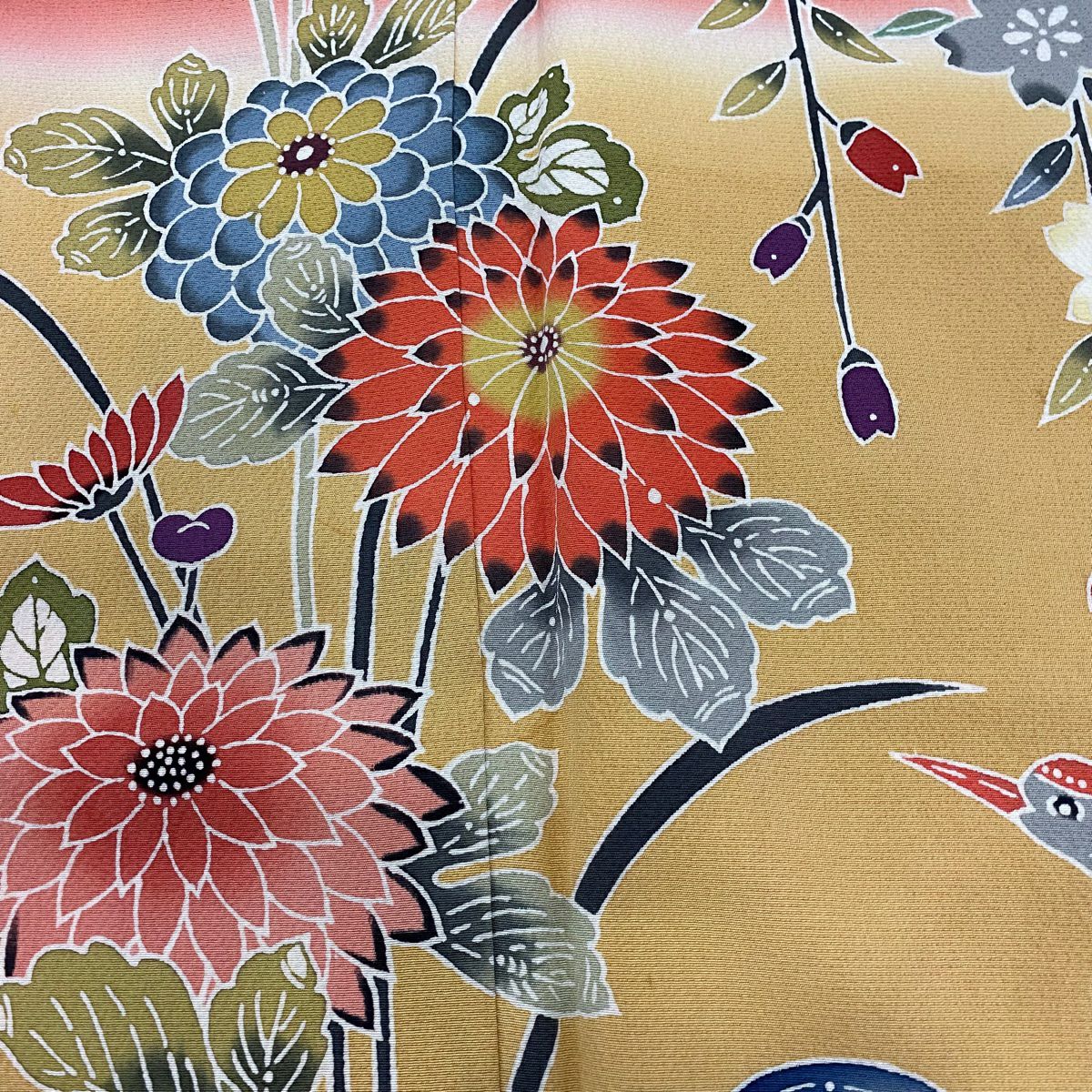 【庫存清倉】振袖禮服 身長155.5cm 袖長64.5cm M 雙層 仙鶴 菊花 染分 逐漸色漸變 鮭粉色 純蠶絲 名品級