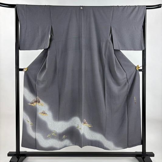 【庫存清倉】 留袖禮服禮服 身長152cm 袖長64.5cm M 雙層 松樹井青青 落款あり 松樹 岩場 金銀彩 灰色 純蠶絲 名品級 一つ紋