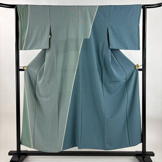 【庫存清倉】 付下 身長154cm 袖長60.5cm S 雙層 萬筋 幾何學 淺綠 純蠶絲 名品級