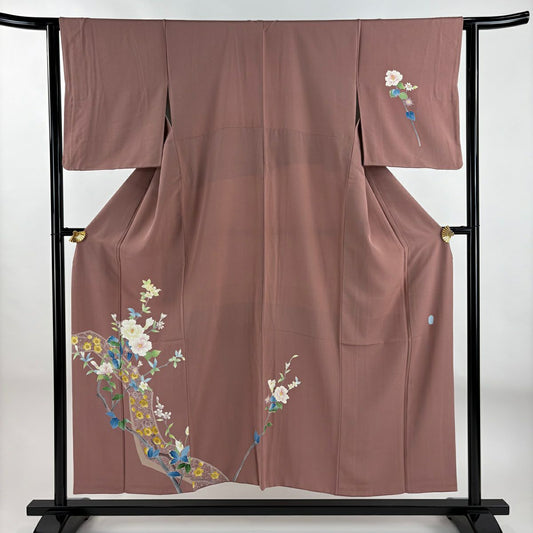 【庫存清倉】 付下 身長151.5cm 袖長63cm S 雙層 南克二 有落款 枝花 枝梅花 淺小豆 純蠶絲 名品級