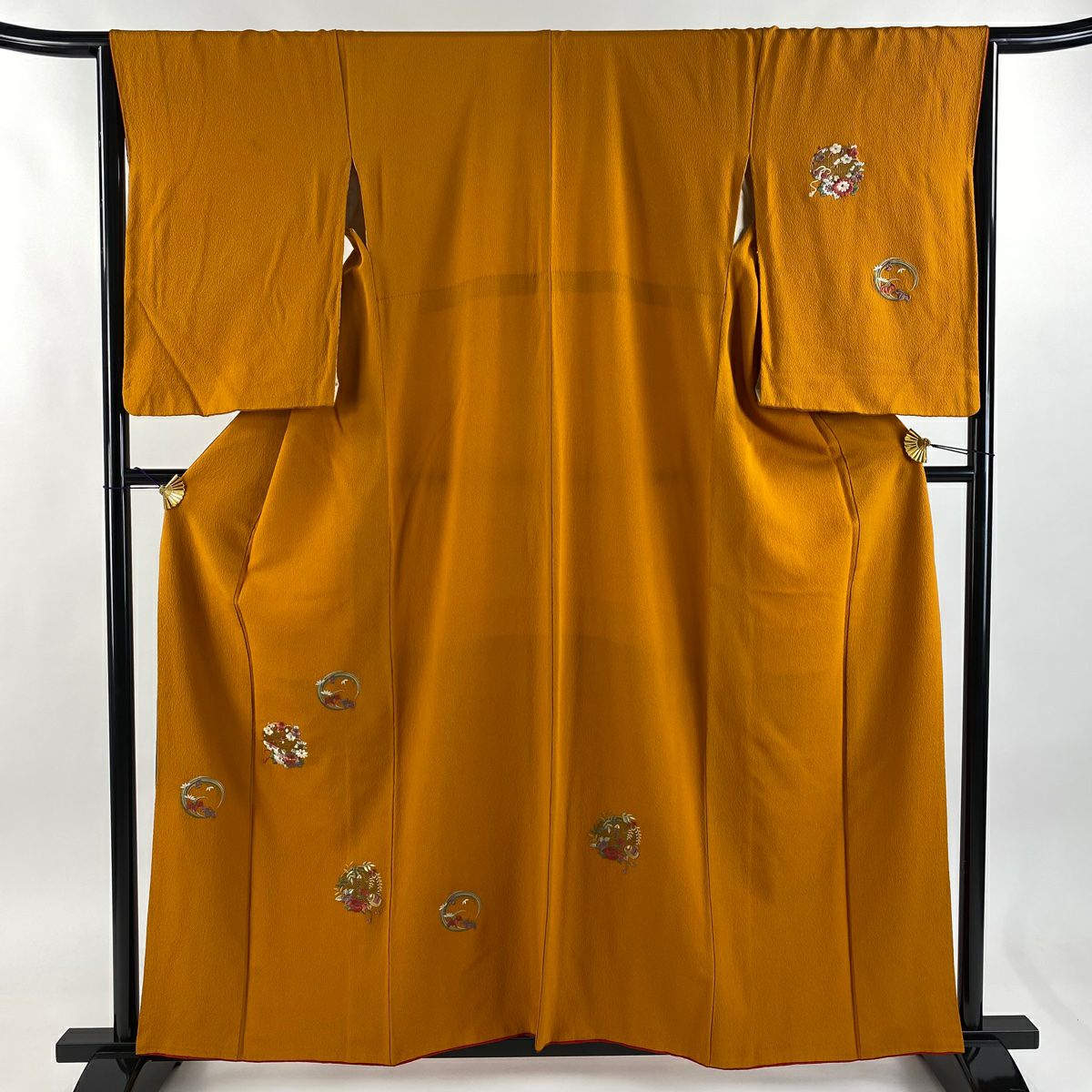 付下 身長158.5cm 袖長65cm M 雙層 花丸紋 寶盡くし 金絲 刺繡 山吹茶 純蠶絲 優品級