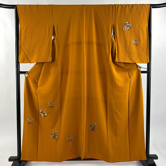 付下 身長158.5cm 袖長65cm M 雙層 花丸紋 寶盡くし 金絲 刺繡 山吹茶 純蠶絲 優品級