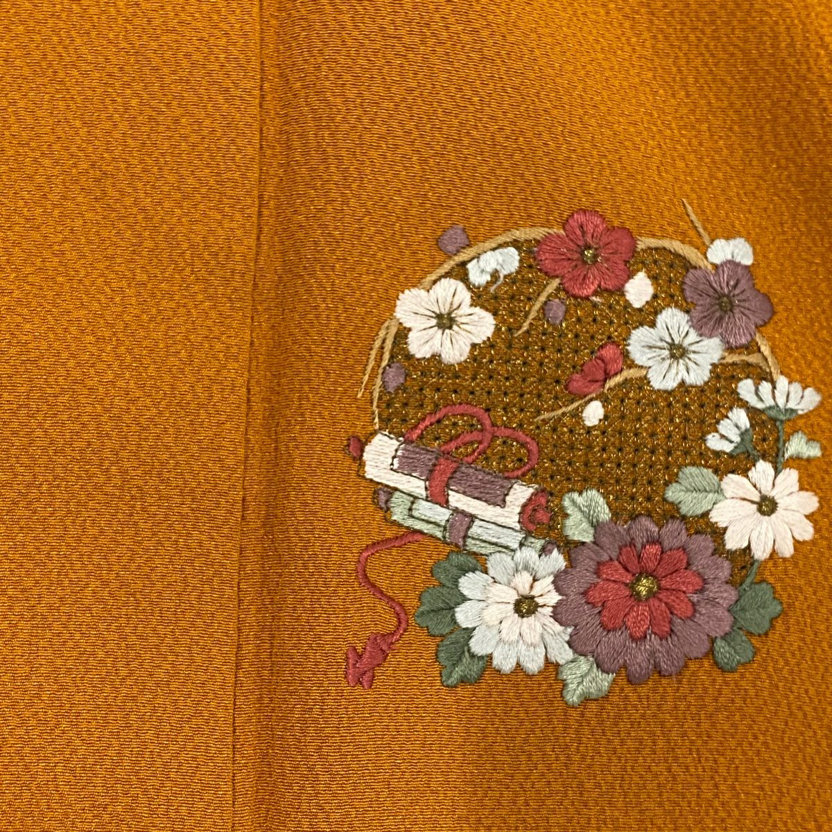 付下 身長158.5cm 袖長65cm M 雙層 花丸紋 寶盡くし 金絲 刺繡 山吹茶 純蠶絲 優品級