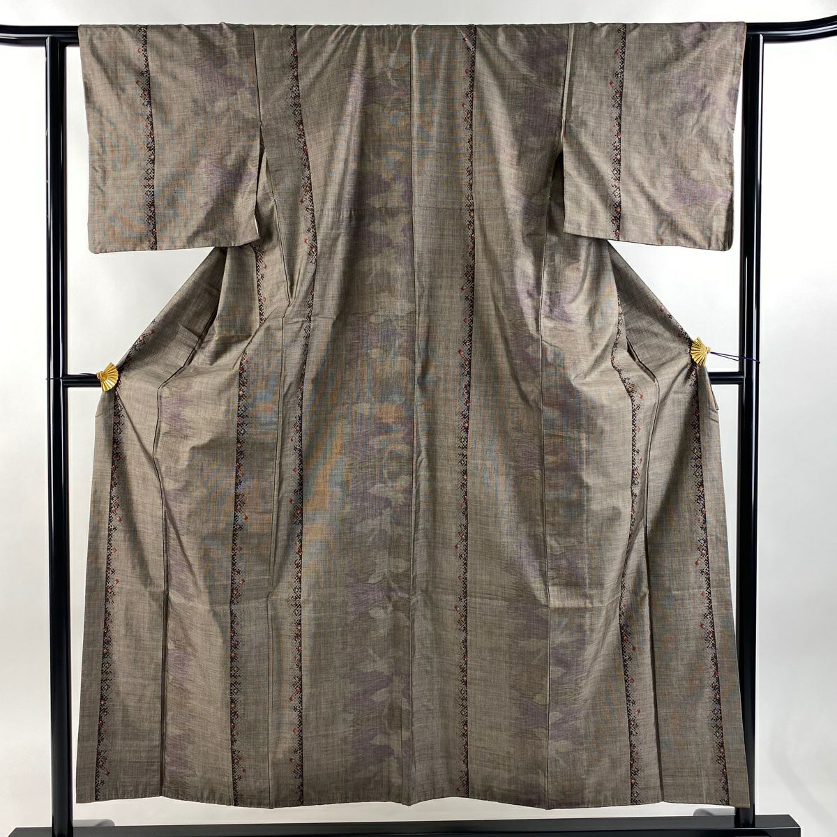 【美品】 紬織 身長156cm 袖長62cm S 雙層 縱條 鳥 焦茶 純蠶絲 優品級