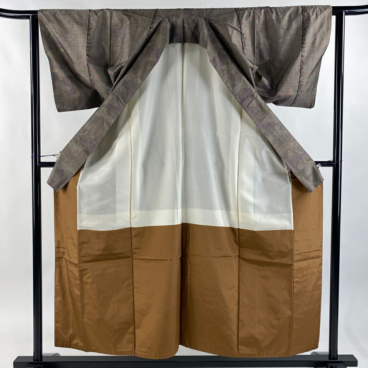 【美品】 紬織 身長156cm 袖長62cm S 雙層 縱條 鳥 焦茶 純蠶絲 優品級