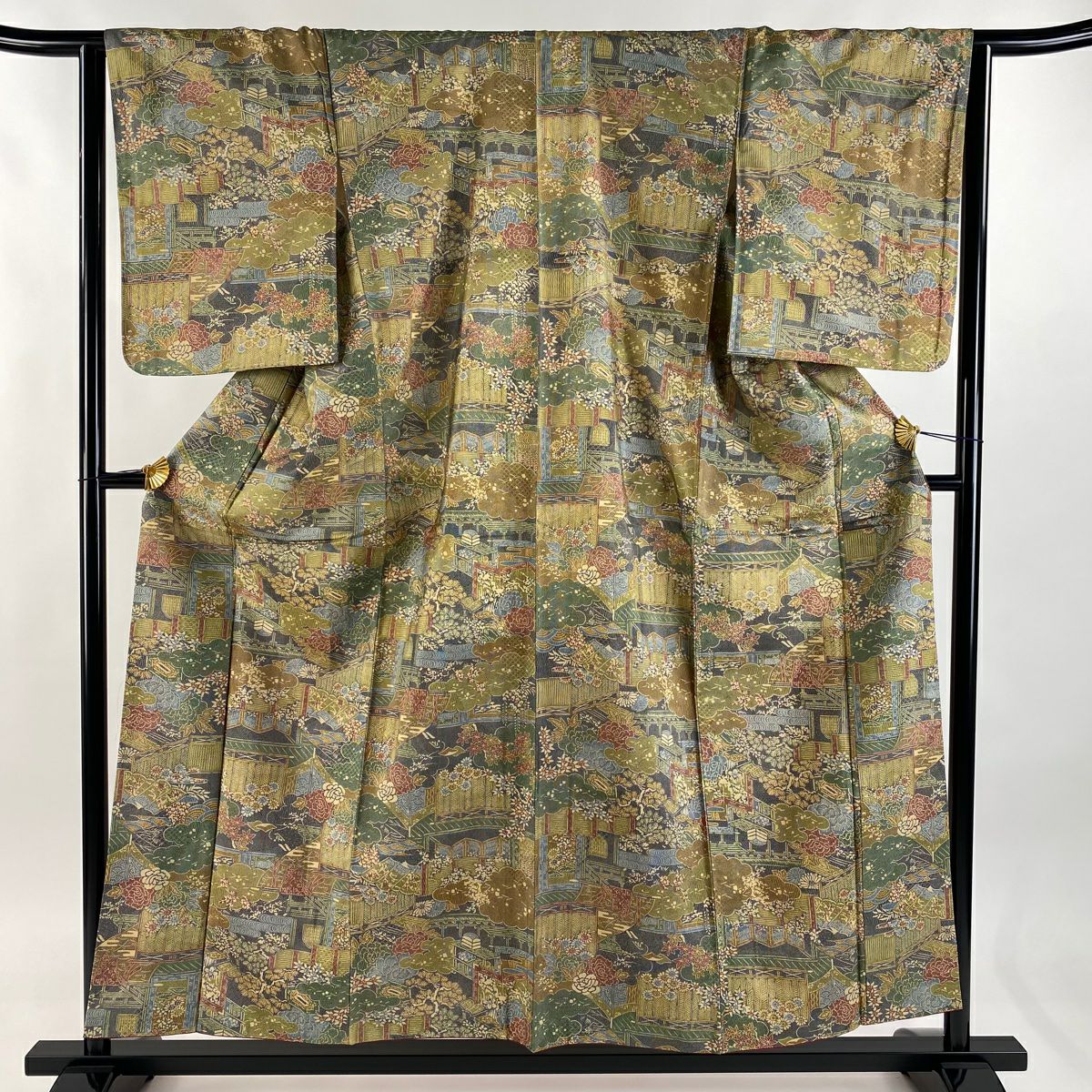 【美品】 小紋 身長156cm 袖長64cm M 雙層 紬織織 雲文 菊花 灰綠 純蠶絲 優品級