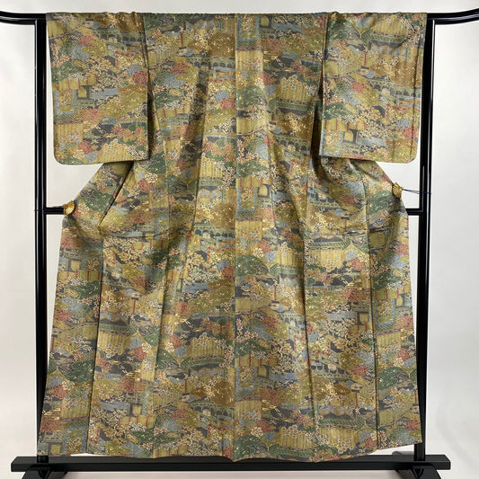 【美品】 小紋 身長156cm 袖長64cm M 雙層 紬織織 雲文 菊花 灰綠 純蠶絲 優品級