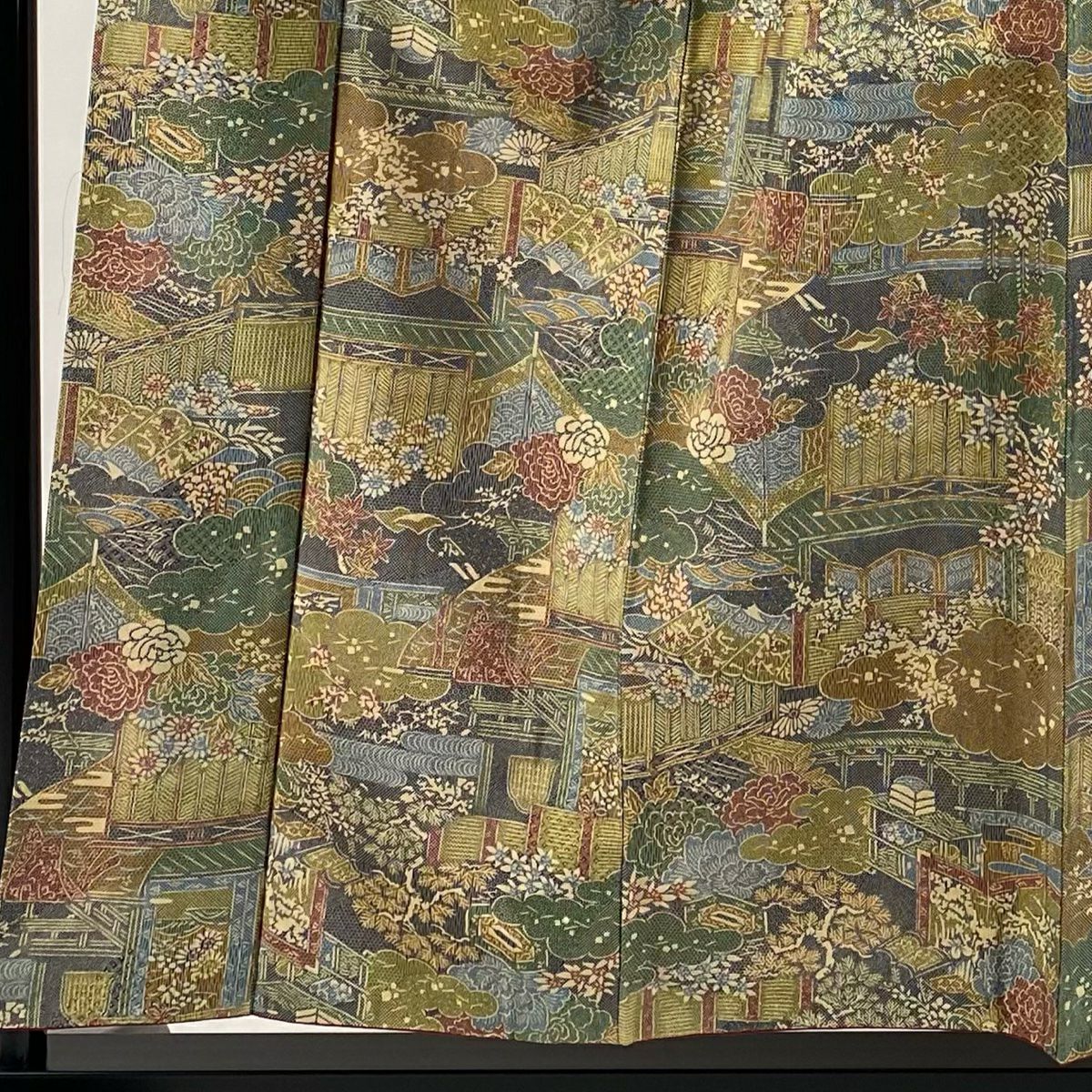 【美品】 小紋 身長156cm 袖長64cm M 雙層 紬織織 雲文 菊花 灰綠 純蠶絲 優品級