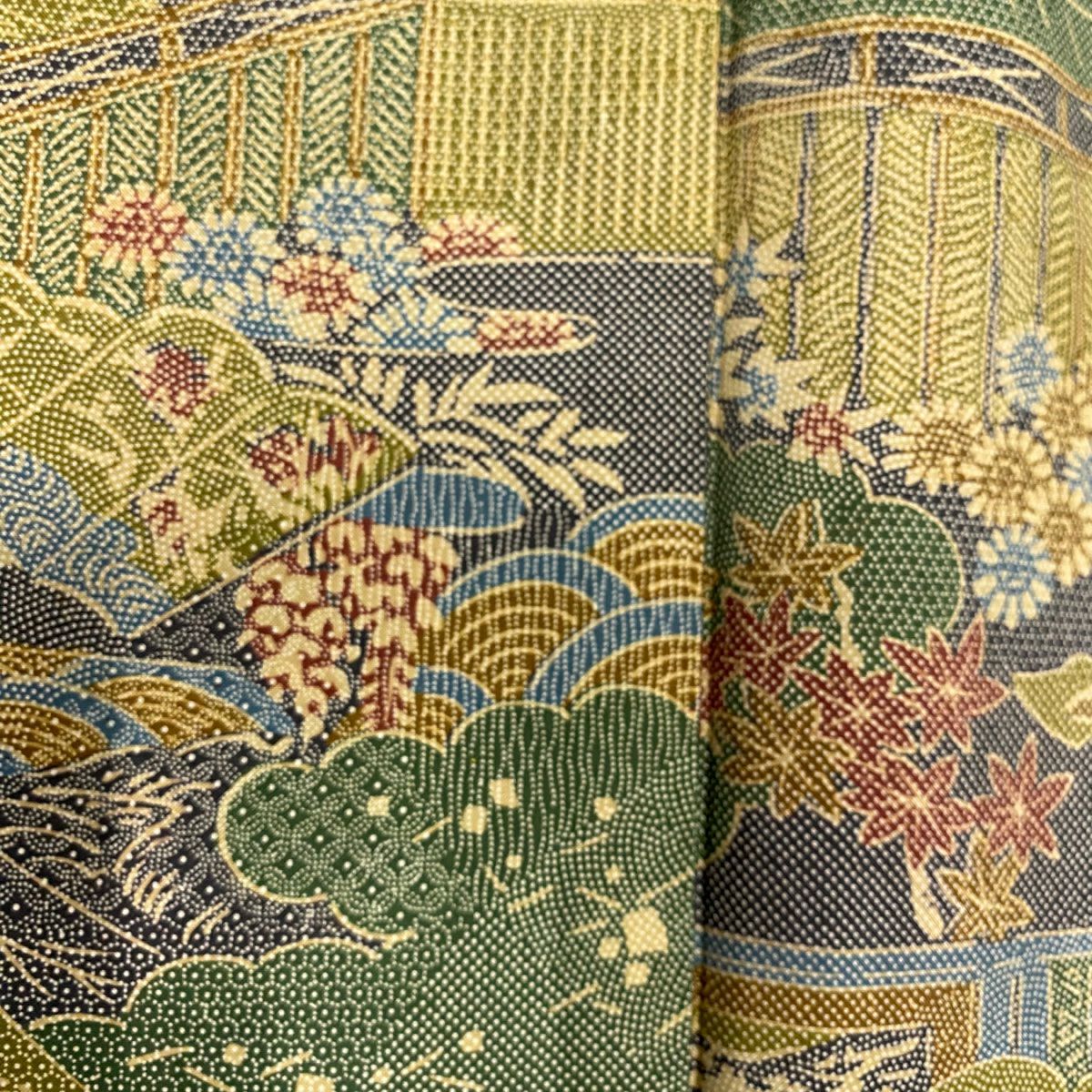 【美品】 小紋 身長156cm 袖長64cm M 雙層 紬織織 雲文 菊花 灰綠 純蠶絲 優品級