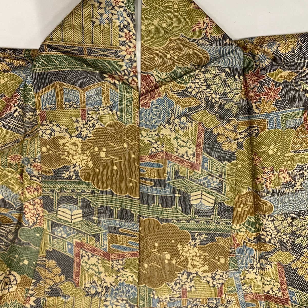【美品】 小紋 身長156cm 袖長64cm M 雙層 紬織織 雲文 菊花 灰綠 純蠶絲 優品級