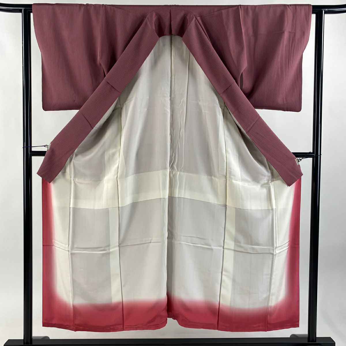 小紋 身長151cm 袖長62cm S 雙層 縦縞 紅紫 純蠶絲 優品級